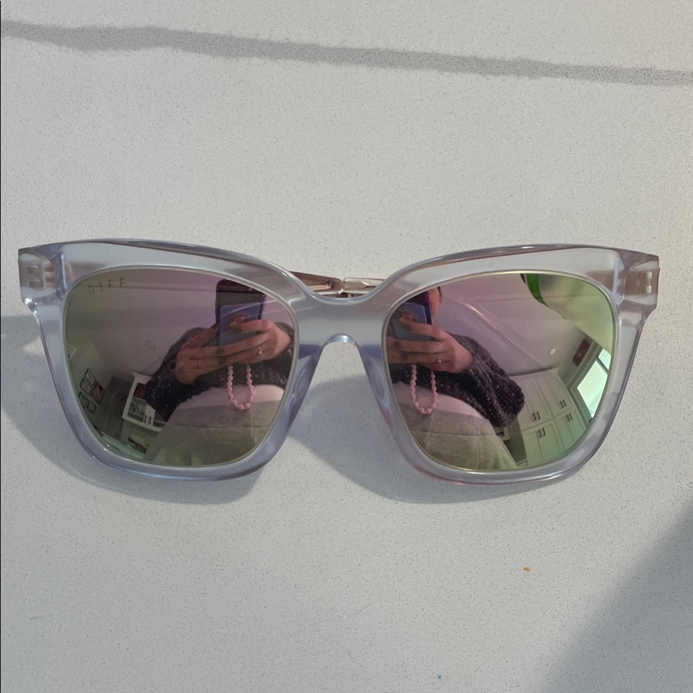 DIFF Bella Sunglasses in Opalescent pink frame color with cherry blossom lenses